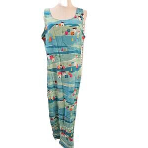 Vtg 80s 90s Peter Popovitch Maxi‎ Dress Blue Nautical Sailboats Villas Beach LRG